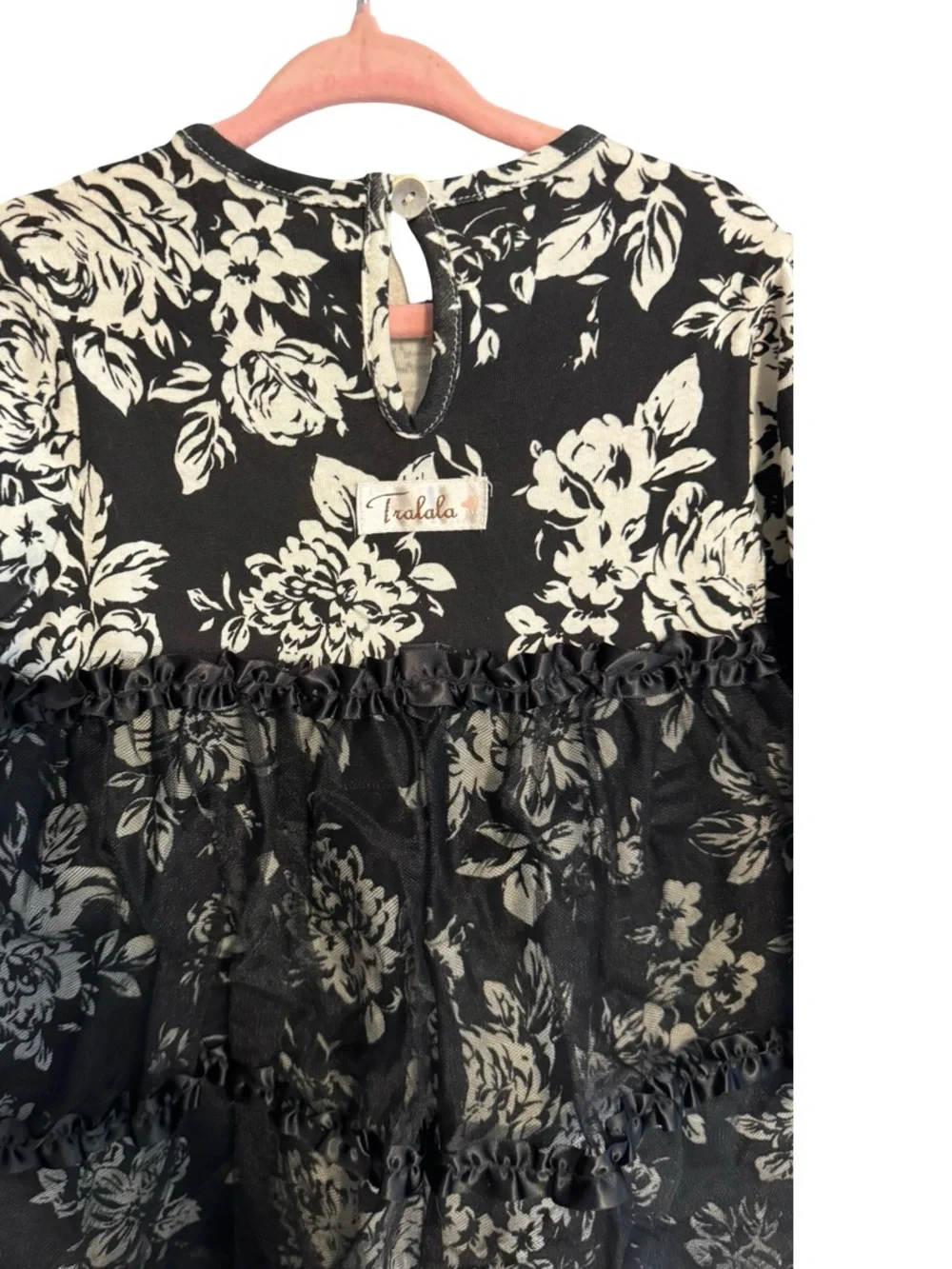 NWT Tralala Black & White Damask Tulle Tutu Dress Toddler Size 18M Long Sleeve